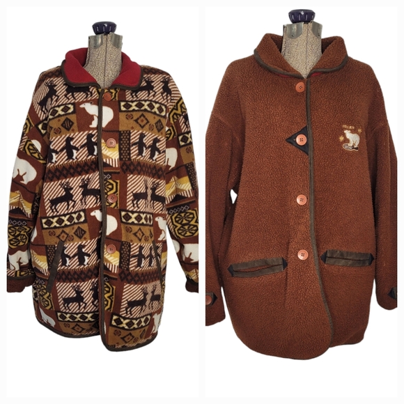 Vintage Jackets & Blazers - Vintage Reversible brown Cat Out fleece coat with animal print in size XL